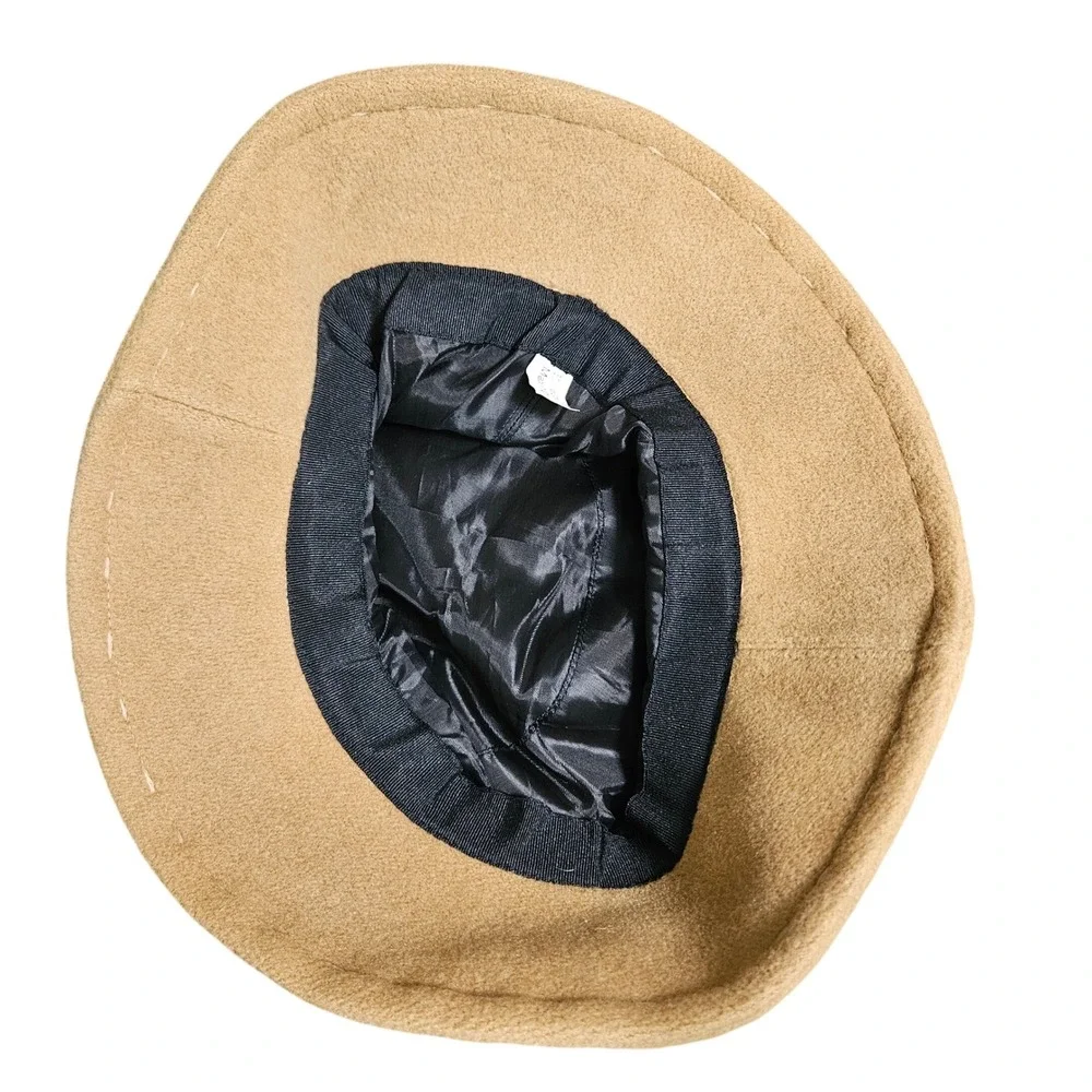 Wool Blend Camel Tan Bucket Hat Floral Embroidery Whipstitch Boho Cloche